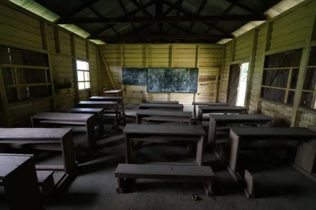 An empty classroom in a now abandoned school on May 12, 2019 in SW Cameroon.