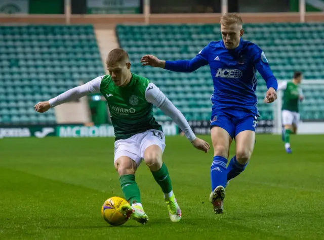 Hibs' Chris Mueller and Cove Rangers' Harry Milne