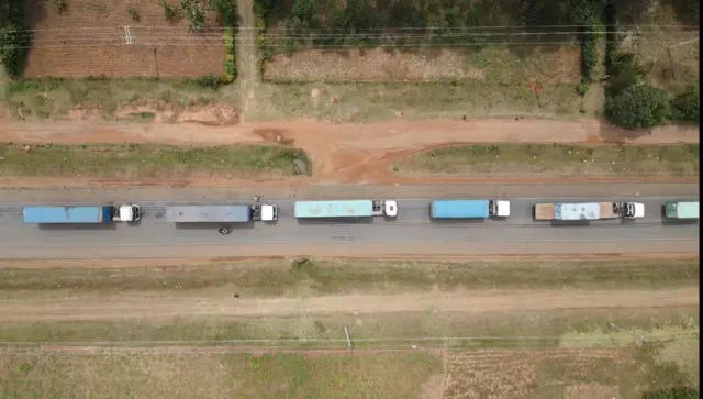 Lorries in the queue.