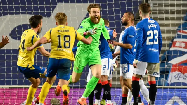 Zander Clark celebrates at Ibrox