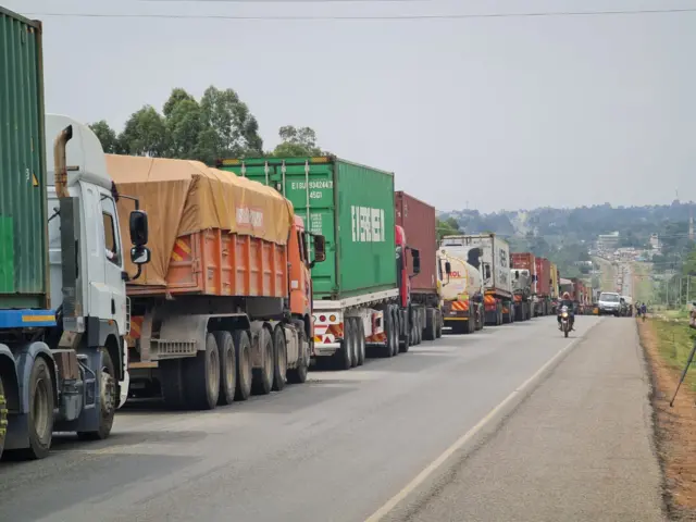 Lorries in the queue.