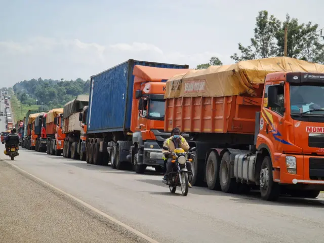 Lorries in the queue.