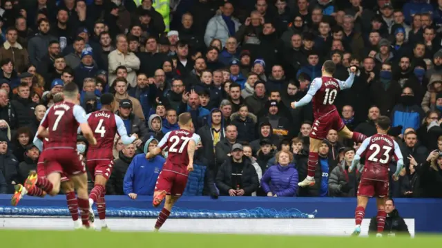 Emiliano Buendia celebrates scoring against Everton