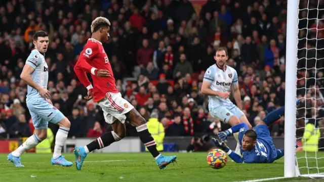 Marcus Rashford scores v West Ham