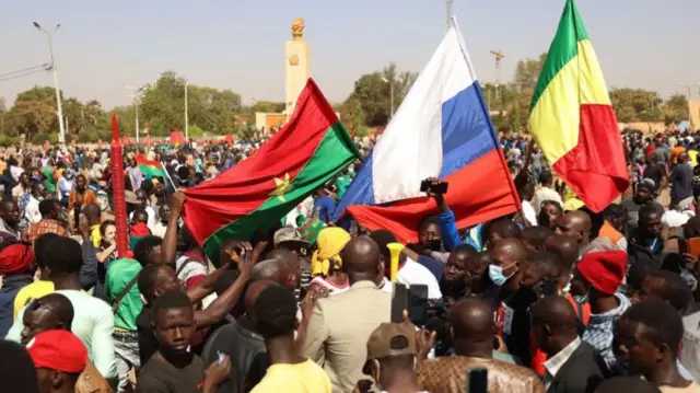 Demonstrators gather in Ouagadougou to show support to the military  on 25 January 2022