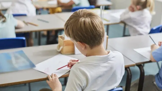 A school child studying in a classroom