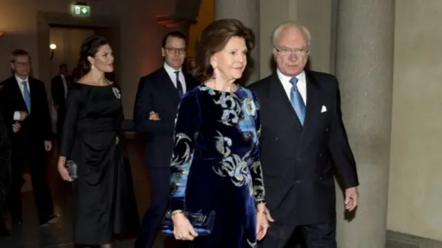 Swedish King Carl XVI Gustaf and Queen Silvia arrive with Crown Princess Victoria and Prince Daniel to the Nobel Prize Award Ceremony in the Blue Hall in Stockholm City Hall in Stockholm, Sweden 10 December 2021