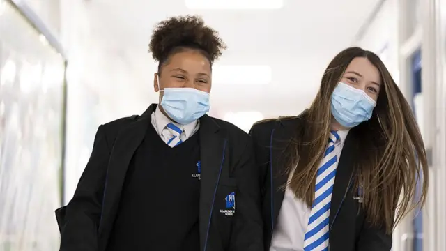 Secondary school students wearing masks