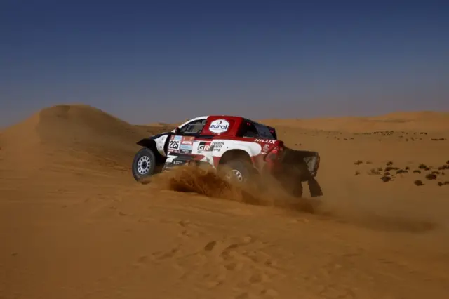 South African driver Henk Lategan and South African driver Brett Cummings of Toyota Gazoo Racing team in action during the stage 4 of the Rally Dakar 2022 between Al Qaisumah and Riyadh, Saudi Arabia, 05 January 2022