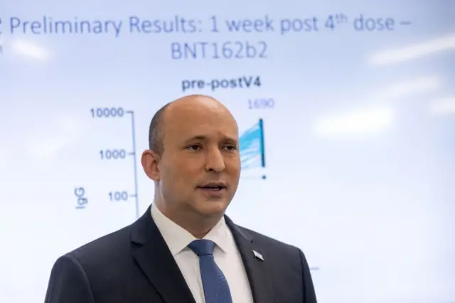 Israeli Prime Minister Naftali Bennett visits the Sheba Medical Centre in Tel Aviv (4 January 2022)