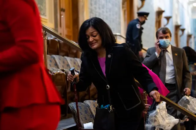 Representative Pramila Jayapal inside the Capitol building during the 6 January riot.