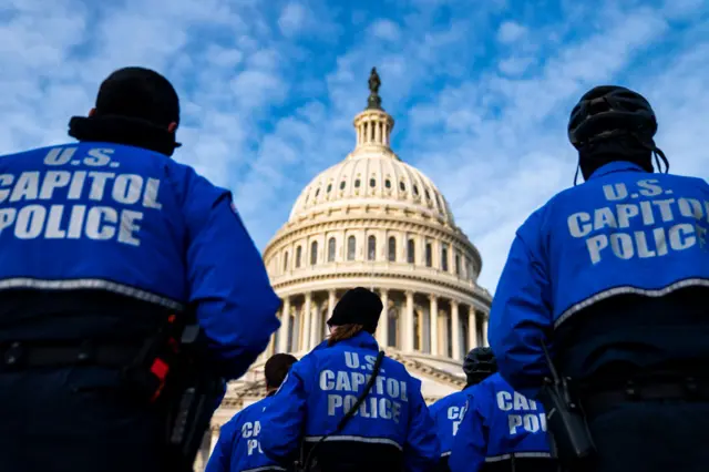 US Capitol Police Officers on the East Front Plaza after a morning roll call on Capitol Hill on Thursday