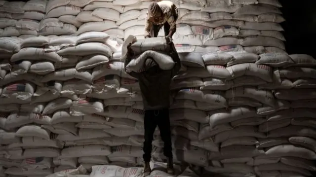 A worker carries sacks of food aid in Mekele, the capital of Ethiopia's Tigray region - 19 June 2021