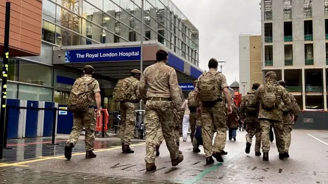 Armed forces personnel outside the Royal London Hospital