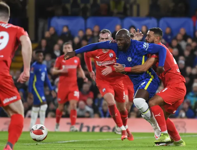 Chelsea's Romelu Lukaku (L) in action against Chesterfield