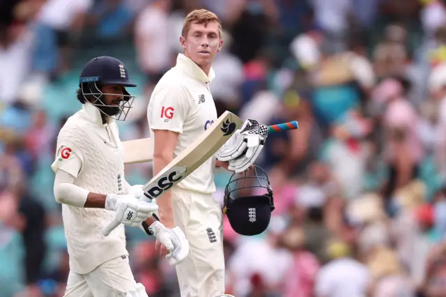 England openers Zak Crawley and Haseeb Hameed walk off at the end of day four of the fourth Ashes Test in Sydney