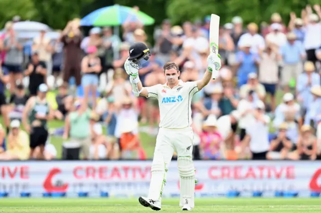 New Zealand's Tom Latham celebrates his century against Bangladesh