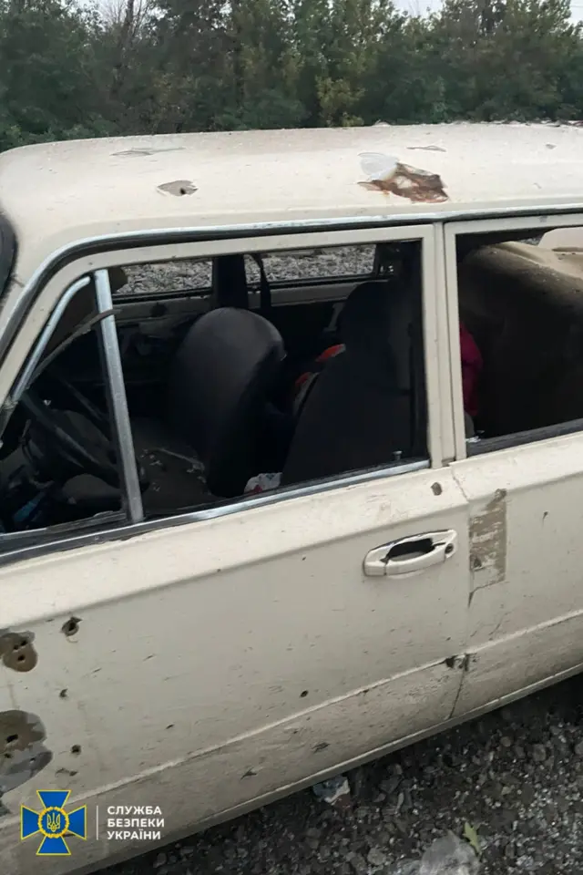 A photo purportedly showing one of the convoy cars that came under fire in north-eastern Ukraine