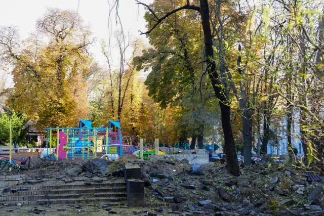 Playground destroyed and a missile impact crater
