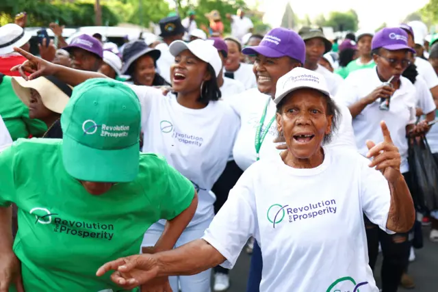 Supporters of Lesotho's Revolution For Prosperity (RFP) political party celebrate as counting votes continues, following the Lesotho's parliamentary election in the capital Maseru, Lesotho, October 8, 2022