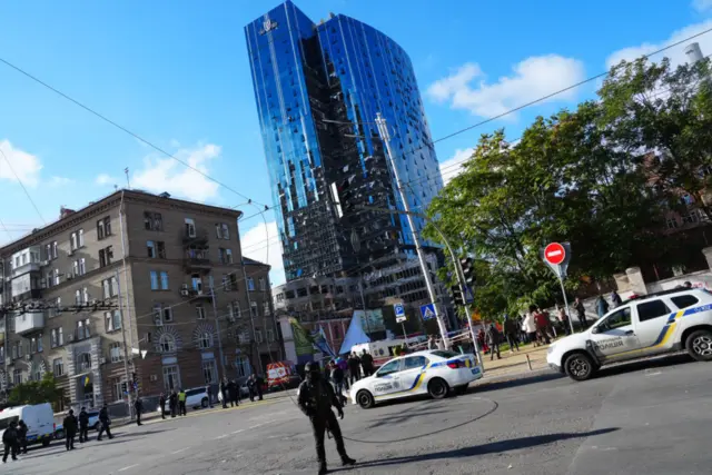 High rise building damaged by a missile strike