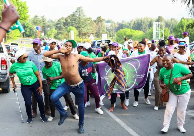 Supporters of Lesotho's Revolution For Prosperity (RFP) political party celebrate as counting of votes continues, following the Lesotho's parliamentary election in the capital Maseru, Lesotho, October 8, 2022