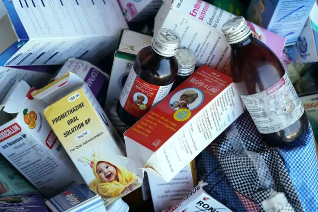 A photograph shows collected cough syrups in Banjul on October 06, 2022.