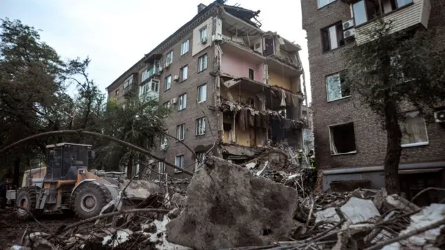 A residential building destroyed as a result of a missile attack by the russian troops, Zaporizhzhia, southeastern Ukraine. (