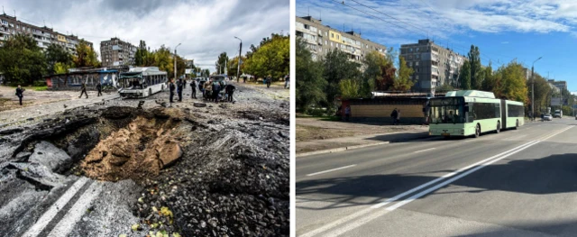 Dnipro's Kalynova street after a Russian missile strike on Monday (left) and how it looks now
