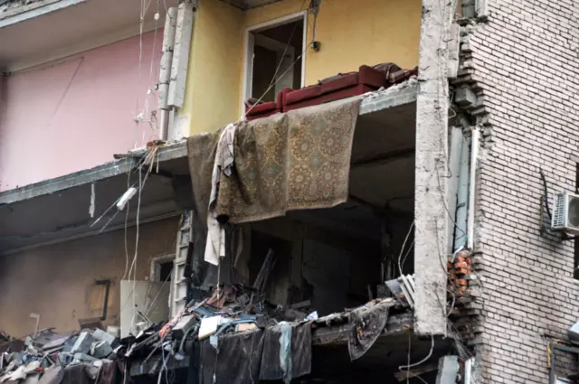 A residential building destroyed as a result of missile strikes in Zaporizhzhia