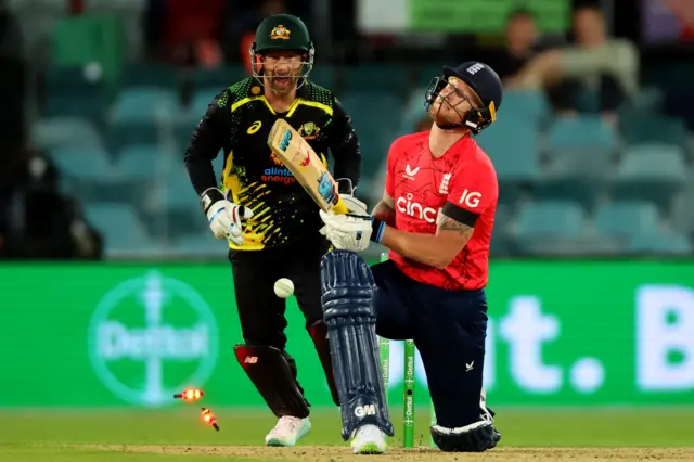 England's Ben Stokes is bowled by Adam Zampa in a T20 v Australia at Canberra