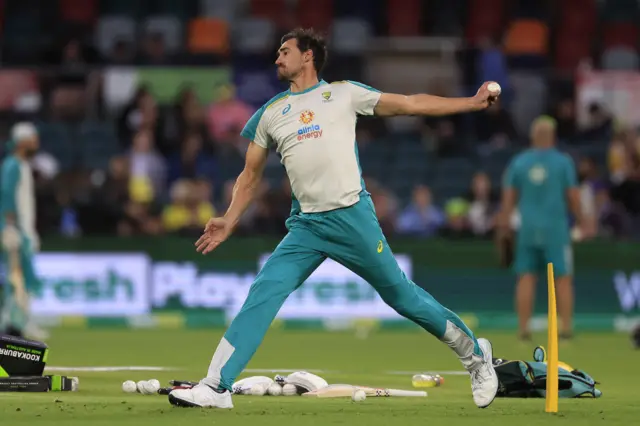 Australia bowler Mitchell Starc warming up before T20 v England in Canberra