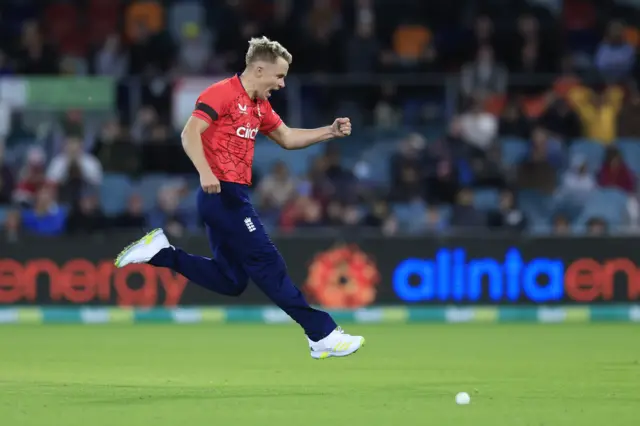 England all-rounder Sam Curran celebrates taking a wicket in T20 v Australia in Canberra