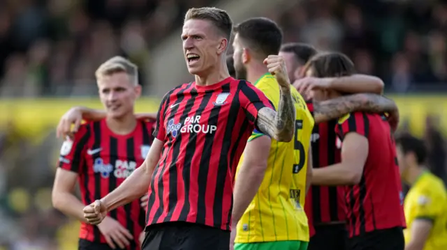 Emil Riis celebrates scoring twice against Norwich