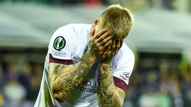 Hearts Stephen Humphrys is head in hands after missing a first half chance during a UEFA Europa Conference League match between Fiorentina and Heart of Midlothian at the Stadio Artemio Franchi