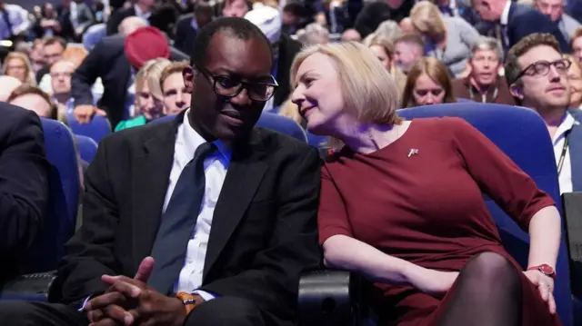 Chancellor of the Exchequer Kwasi Kwarteng and Prime Minister Liz Truss during the Conservative Party annual conference at the International Convention Centre in Birmingham