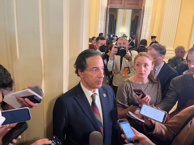 Rep Raskin speaks to reporters after the hearing