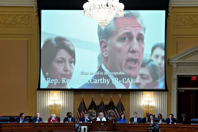 US House Minority Leader Kevin McCarthy, a Republican from California, is displayed on a screen during a hearing of the Select Committee to Investigate the January 6th Attack on the US Capitol on July 21, 2022