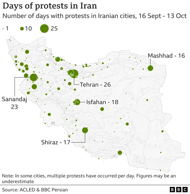 Map showing days of protests in Iran