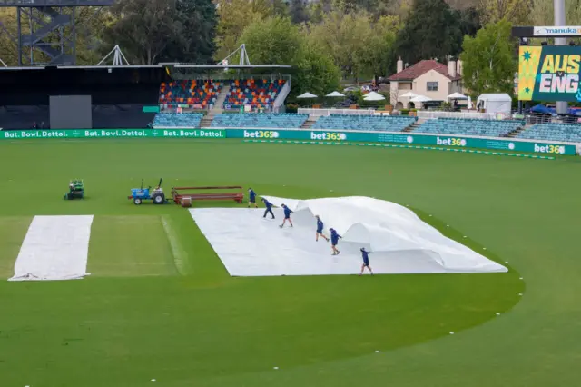 Groundstaff putting the covers on at Canberra