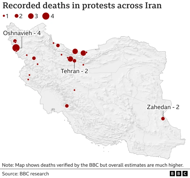 A map showing recorded deaths in protests across Iran, verified by the BBC