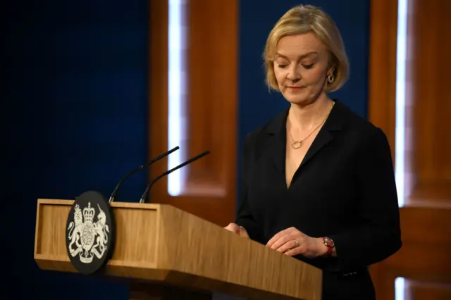 Prime Minister Liz Truss pictured holding a news conference