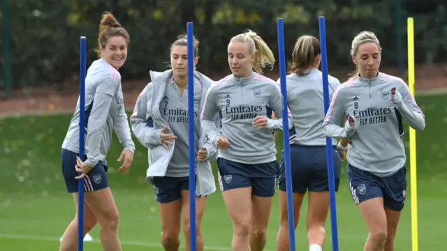 Arsenal players train before their WSL match at Reading