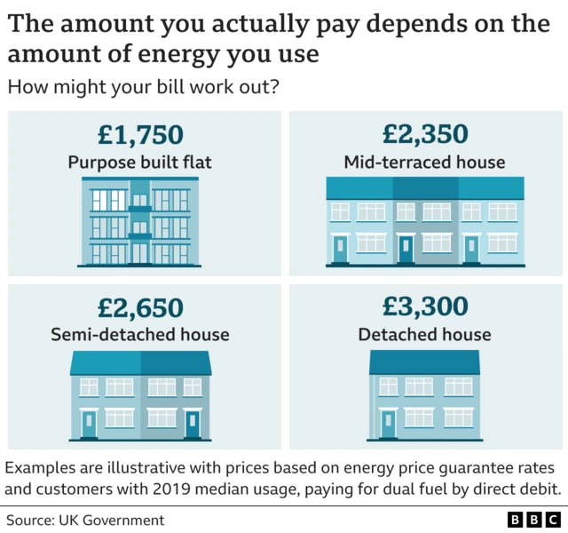 Graphic showing average energy prices for different house sizes