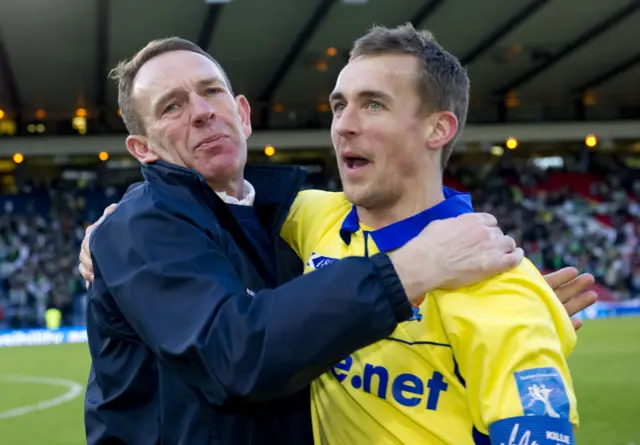 Kilmarnock manager Kenny Shiels and James Fowler celebrate