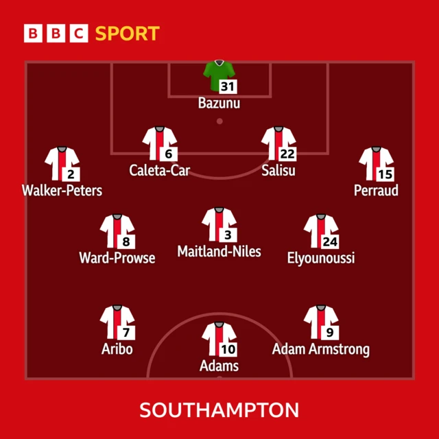 Southampton team for Bournemouth: Bazunu, Walker-Peters, Caleta-Car, Salisu, Perraud, Ward-Prowse, Maitland-Niles, Elyounoussi, Aribo, Adams, A Armstrong.