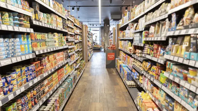 Shelves of food in a supermarket