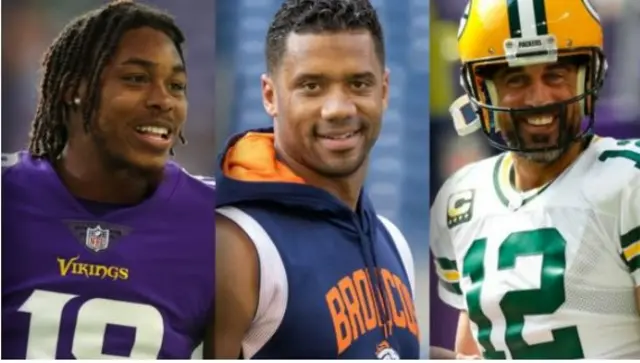 NFL split picture of Justin Jefferson, Russell Wilson and Aaron Rodgers.