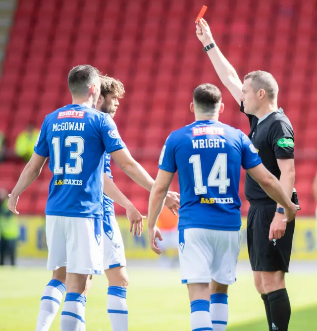 St Johnstone's Murray Davidson is sent off during a Premiership match between St Johnstone and Hibernian at McDiarmid Park