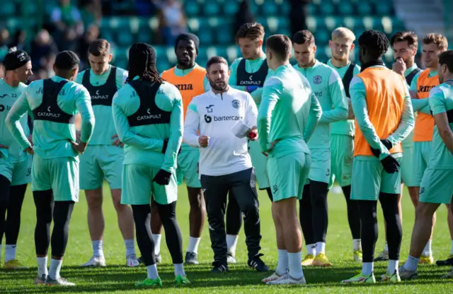 Hibs manager Lee Johnson speaks to his players during a Hibernian open training session at Easter Road